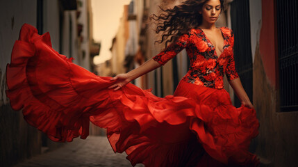 talented woman mesmerizes with her flamenco dance, infusing the surroundings with energy and the spirit of Spanish culture. AI generated - obrazy, fototapety, plakaty