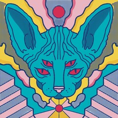 Square psychedelic art symmetrical floating sphynx cat head with wavy retro vintage halftone with multiple eyes and sun