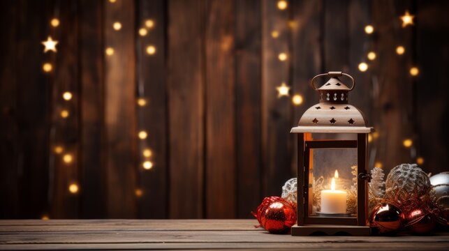 Christmas lantern on a wooden table.