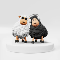 Two cool DJ sheep friends rhythmically dance playing music 3d rendering. Night club banner Party mood Funny cartoon lambs moving. Kids songs screensaver Dancing Ewes soulmates in headphones sunglasses