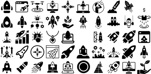 Massive Set Of Launch Icons Collection Linear Modern Clip Art Launch, Missile, Platform, Icon Element For Apps And Websites - obrazy, fototapety, plakaty