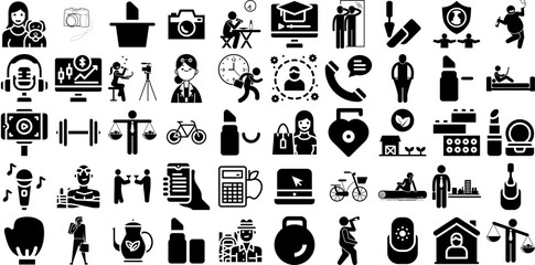 Mega Collection Of Lifestyle Icons Pack Solid Vector Silhouette Health, Young, Icon, Wellness Pictograph Isolated On Transparent Background