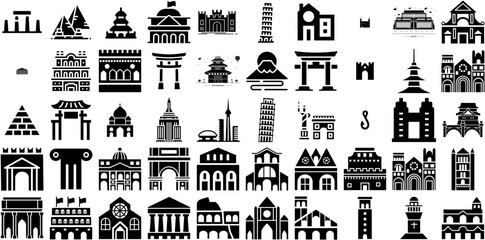 Big Collection Of Landmark Icons Set Black Vector Elements Silhouette, Icon, Us, Way Pictograms Isolated On White