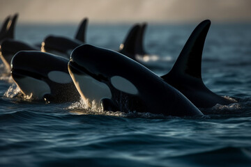 Killer whale pod swimming in formation, Whale, bokeh  - obrazy, fototapety, plakaty