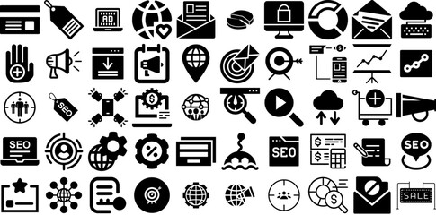 Big Set Of Marketing Icons Pack Solid Vector Web Icon Automation, Finance, Three-Dimensional, Infographic Pictograph Isolated On White