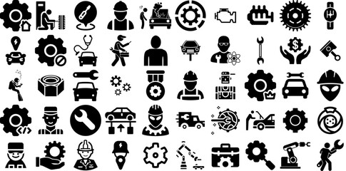Huge Collection Of Mechanic Icons Bundle Hand-Drawn Linear Modern Silhouette Outline, Icon, Setting, Avatar Silhouettes For Apps And Websites