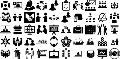Mega Set Of Meeting Icons Collection Hand-Drawn Linear Infographic Clip Art Silhouette, Victory, Team, Icon Symbol Vector Illustration
