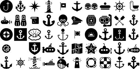 Huge Collection Of Nautical Icons Set Hand-Drawn Isolated Drawing Web Icon Tool, Icon, Set, Ship Silhouettes Vector Illustration