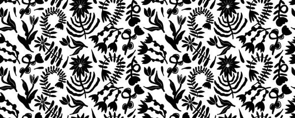 Fototapeta premium Spring flowers hand drawn vector seamless pattern. Black brush flower silhouettes. Roses, peonies and tulips black silhouettes. Floral drawings with texture. Summer botanical background