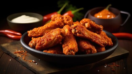 Fototapeta premium Chicken wings with spicy sauce and mayonnaise on dark background