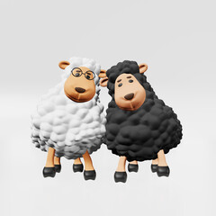 Obraz premium Two cute white and black sheep friends 3d rendering. Friendship Day. Pyjamas printing bedclothes, baby shower, children party invitation, funny clothes t-shirt Adorable lambs Kids room interior design