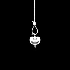 Scary Pumpkin hanging on gallows for sign, symbol and Halloween art illustration. Vector Illustration