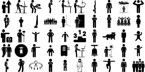 Big Set Of Standing Icons Bundle Hand-Drawn Black Concept Signs Christmas, Happy, Businessman, Silhouette Doodle Isolated On Transparent Background