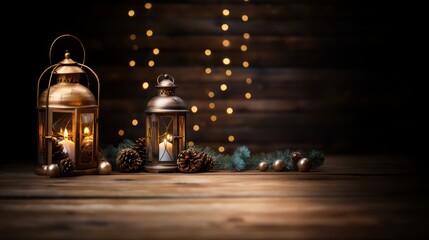 Christmas lantern and fairy lights on a wooden table.