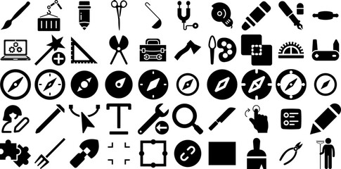 Big Collection Of Tool Icons Bundle Linear Concept Symbol Trimming, Engineering, Set, Tool Glyphs Isolated On Transparent Background
