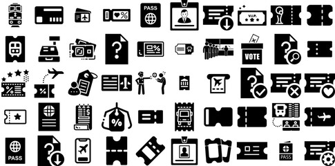 Massive Collection Of Ticket Icons Collection Solid Modern Pictograms Icon, Note, Vouchers, Music Doodle Isolated On Transparent Background