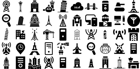 Big Collection Of Tower Icons Collection Linear Concept Clip Art Tower, Icon, Aerial, Spot Pictograms Vector Illustration - obrazy, fototapety, plakaty