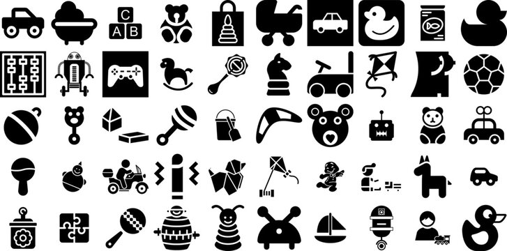 Mega Set Of Toy Icons Bundle Hand-Drawn Black Design Signs Icon, Construction, Carrier, Head Doodle Isolated On Transparent Background