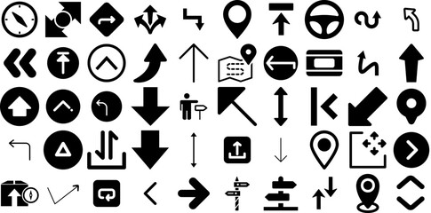 Massive Set Of Direction Icons Pack Flat Simple Silhouette Symbol, Way, Renewal, Icon Pictograph For Apps And Websites