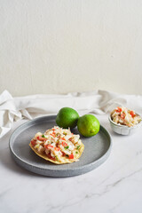 Delicious ceviche of fish with vegetables and tostadas