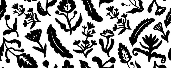 Spring flowers hand drawn vector seamless pattern. Ink stroke texture. Nature floral repeated background for fabric design. Roses, peonies and chrysanthemums black silhouettes.
