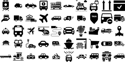 Mega Collection Of Transport Icons Bundle Hand-Drawn Linear Drawing Glyphs Symbol, Ship, Icon, Garden Pictograms Isolated On Transparent Background