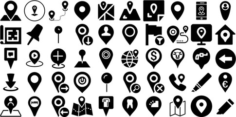 Huge Collection Of Marker Icons Pack Solid Cartoon Symbols Pointer, Cosmetic, Icon, Mark Pictogram Isolated On Transparent Background - obrazy, fototapety, plakaty