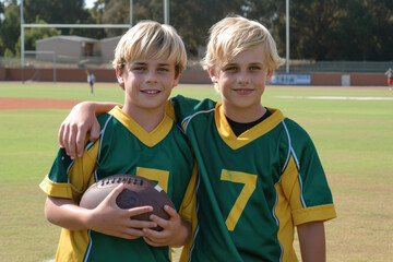 Young American football player photo together on football field, AI generated