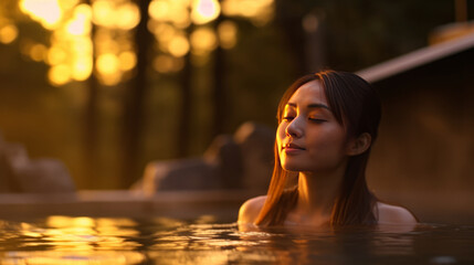 Portrait of a beautiful young Japanese woman relaxing in a hot tub at a spa resort. Portrait of a...