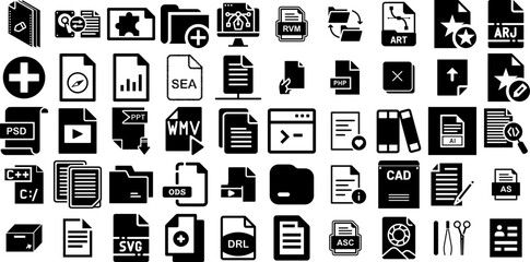 Huge Set Of File Icons Collection Black Cartoon Silhouette Extension, App, Page, Set Pictograms Isolated On White Background