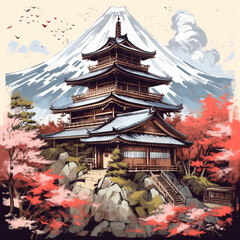 Beautiful illustration of a traditional Japanese house exterior with a beautiful garden and a mountain range with a lake. Asian traditional house in nature art. Gorgeous Japanese temple exterior