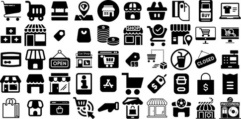 Big Collection Of Store Icons Bundle Linear Vector Silhouette Icon, Silhouette, Symbol, Thin Pictograms Isolated On White Background