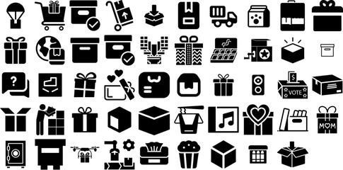 Big Set Of Box Icons Pack Hand-Drawn Isolated Infographic Silhouettes Checkbox, Three-Dimensional, Carousel, Tool Pictograph Isolated On White