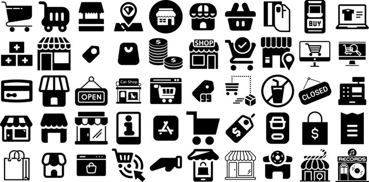 Big Collection Of Store Icons Bundle Linear Vector Silhouette Icon, Silhouette, Symbol, Thin Pictograms Isolated On White Background