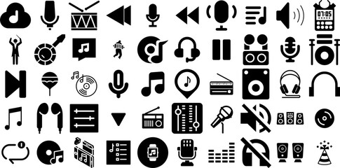 Big Set Of Music Icons Collection Flat Concept Silhouette Entertainment, Speaker, Singer, Tool Clip Art For Computer And Mobile