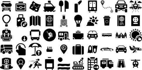 Mega Set Of Travel Icons Set Hand-Drawn Linear Design Silhouettes Pointer, Photo Camera, Yacht, Silhouette Glyphs For Computer And Mobile