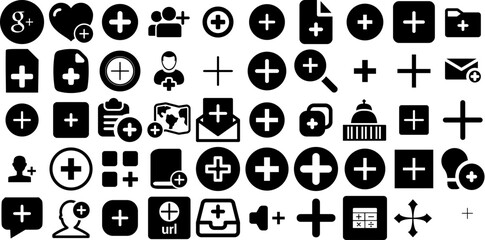 Huge Set Of Plus Icons Set Solid Drawing Silhouettes Finance, Gradient, Symbol, Icon Graphic For Computer And Mobile