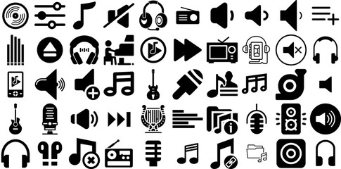 Huge Collection Of Music Icons Collection Hand-Drawn Isolated Simple Silhouette Singer, Speaker, Entertainment, Tool Pictogram For Computer And Mobile