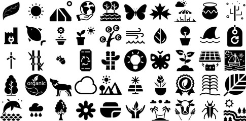 Massive Set Of Nature Icons Set Solid Design Silhouette Blossom, Line, Set, Cactus Elements For Computer And Mobile