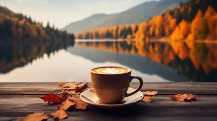 Image of Autumn and fall season, hot coffee with fake maple leaf on wood table. Generative Ai printed on Printed Glass Basin Splashbacks