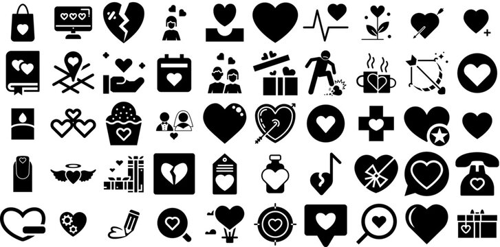 Massive Set Of Heart Icons Bundle Hand-Drawn Black Drawing Symbols Sweet, Nubes, Icon, Health Elements Isolated On Transparent Background