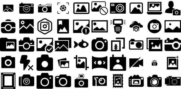 Huge Collection Of Photo Icons Set Linear Concept Elements Silhouette, Icon, Holiday Maker, Ok Glyphs Vector Illustration