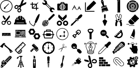 Mega Set Of Tool Icons Collection Flat Design Signs Tool, Trimming, Set, Engineering Silhouettes For Apps And Websites
