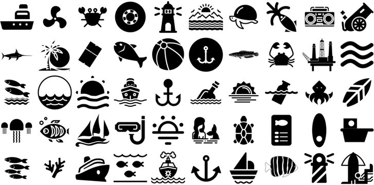 Huge Collection Of Sea Icons Collection Hand-Drawn Isolated Infographic Pictograms Anchor, Creature, Icon, Tortoise Pictograms Vector Illustration