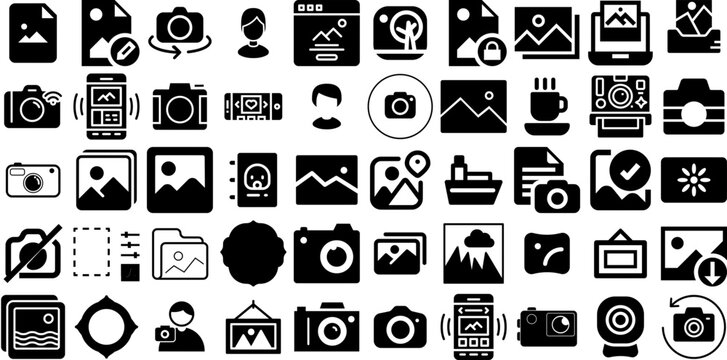 Huge Set Of Picture Icons Bundle Hand-Drawn Solid Infographic Clip Art Icon, Symbol, Music, Photo Camera Elements Isolated On White