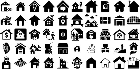 Mega Set Of House Icons Collection Hand-Drawn Linear Cartoon Web Icon Silhouette, Tool, Roof, Mark Pictograms Vector Illustration - obrazy, fototapety, plakaty