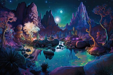 Fantasy landscape with fantasy forest, river and moon