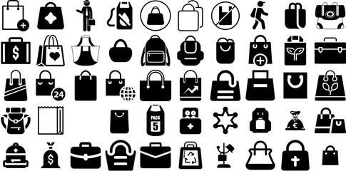 Huge Set Of Bag Icons Pack Solid Design Silhouette Goodie, Finance, Investment, Silhouette Buttons For Computer And Mobile