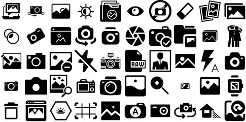 Big Collection Of Photo Icons Collection Black Infographic Clip Art Icon, Ok, Holiday Maker, Silhouette Graphic Vector Illustration