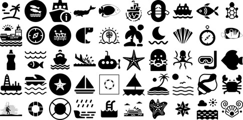 Huge Collection Of Sea Icons Pack Black Vector Pictogram Anchor, Creature, Icon, Tortoise Symbol Isolated On Transparent Background